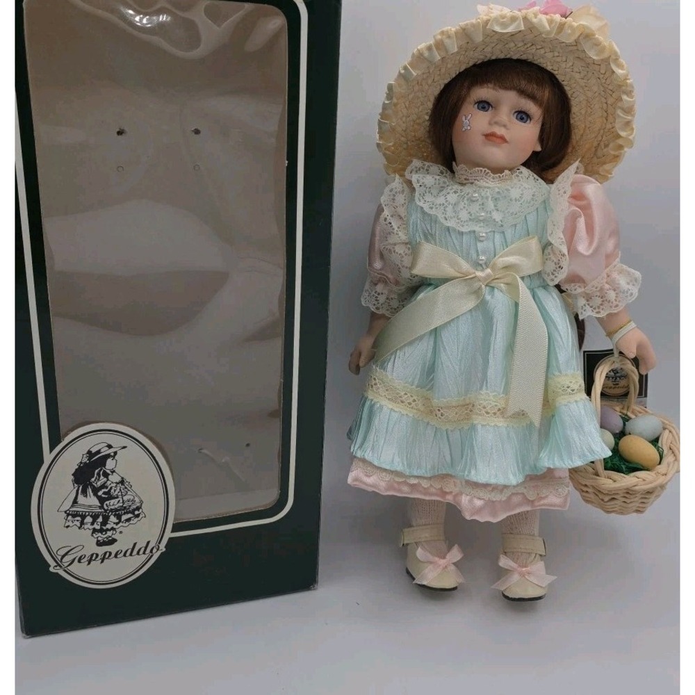 Geppeddo Porcelain Doll Happy Easter Annabelle Collectible In Box Spring Basket